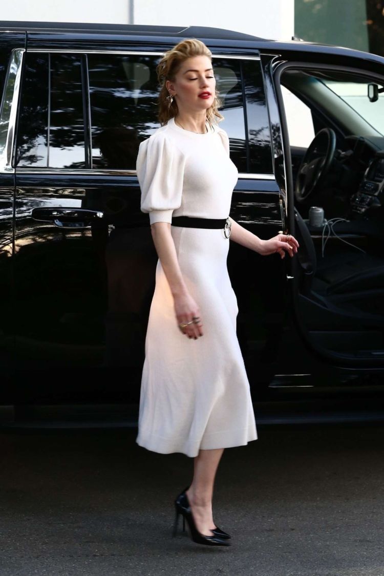 Amber Heard In A White Dress Outside Univision Headquarters In Miami
