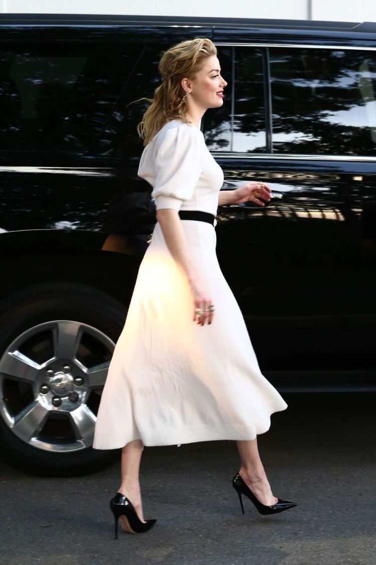Amber Heard In A White Dress Outside Univision Headquarters In Miami