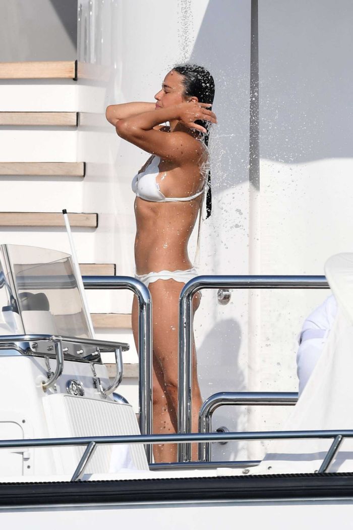 Michelle Rodriguez In A White Bikini On A Yacht In Sardinia