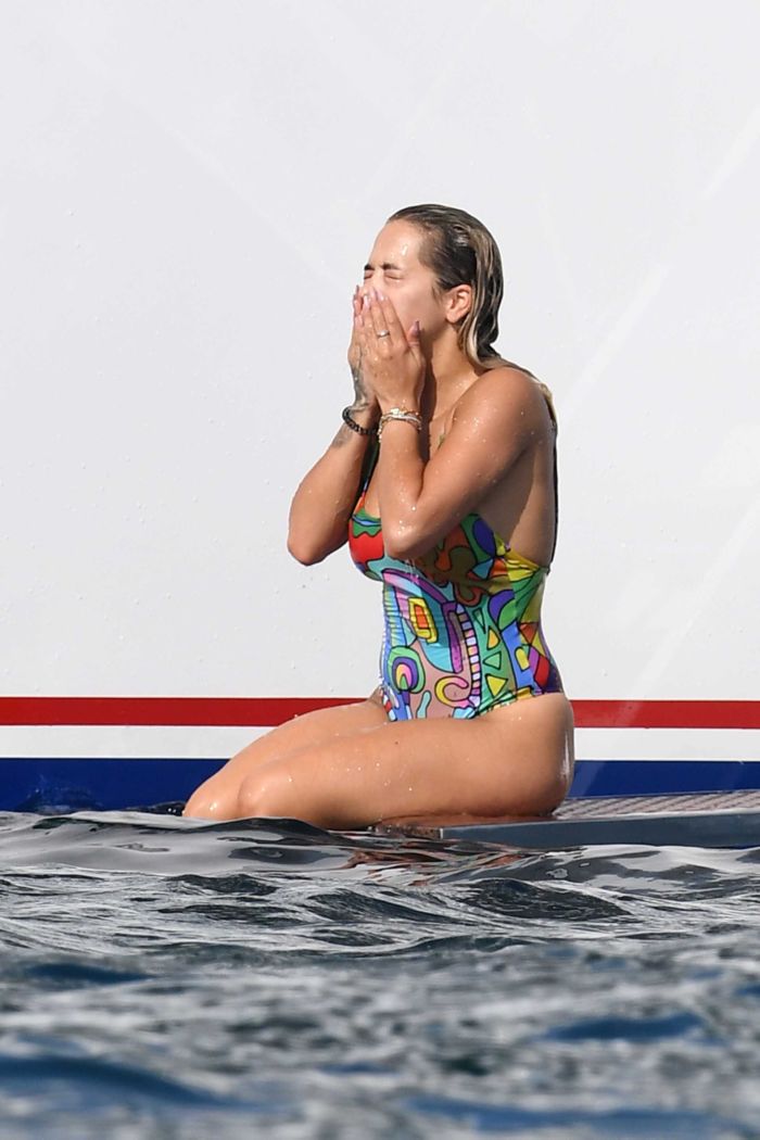 Rita Ora Enjoying In Swimsuit On A Yacht In Porto Cervo